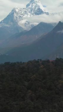Ama Dablam Dağı ve Kozalaklı Orman. Himalaya, Nepal. Hava görüntüsü. İnsansız Hava Aracı Yana Uçuyor, Eğil. Dikey Video