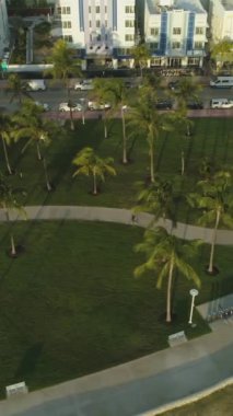 Lummus Park ve Ocean Drive. Miami Güney Sahili. Hava görüntüsü. ABD. Dikey Video