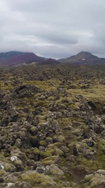 Lava Rock Formations Iceland Aerial View Drone Flies Sideways Vertical — Stock Video