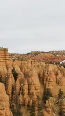 Kışın Red Canyon 'da. Dixie Ulusal Ormanı. Bulutlu Gökyüzü. Utah, ABD. Hava Hızı Hızı, Zaman Hızı. Drone ileri ve yukarı doğru uçuyor. Dikey Video