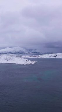 Kışın Norveç Denizi ve Dağları. Lofoten Adaları, Norveç. Hava görüntüsü. Drone geriye doğru uçuyor. Dikey Video