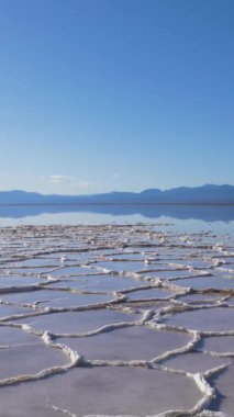 Güneşli günde Badwater Havzası. Su ve Mavi Gök ile Tuz Kabuğu oluşumları. Death Valley Ulusal Parkı. Kaliforniya, ABD. Çeviriyorum. Dikey Video