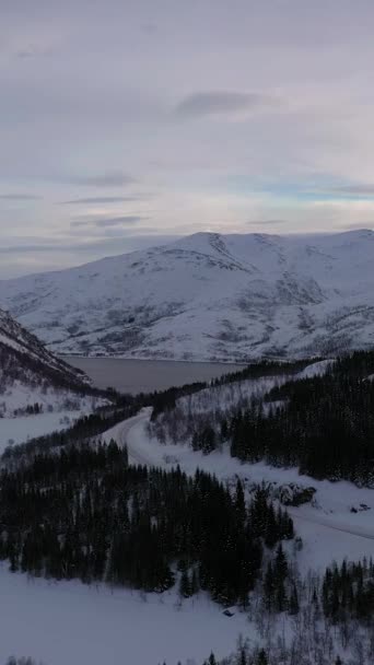 冬晨结冰的湖山 Troms 空中景观 飞行员向前和向上飞去 垂直录像 — 图库视频影像