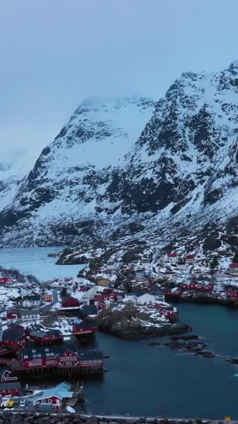 Rybářská Vesnice Rorbu Moře Hory Zimě Moskenes Lofotenské Ostrovy Krajina — Stock video