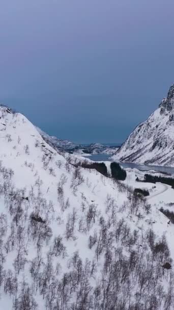 Βουνά Δρόμος Και Παγωμένη Λίμνη Χειμώνα Βάλεϊ Troms Νορβηγία Αεροφωτογραφία — Αρχείο Βίντεο