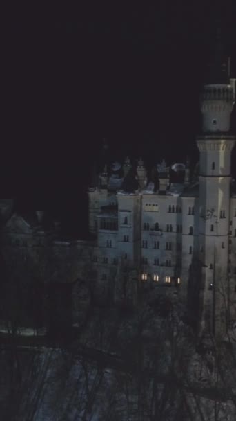 Neuschwanstein Castle Winter Night Bavarian Alps Germany Aerial View Drone — Stock Video
