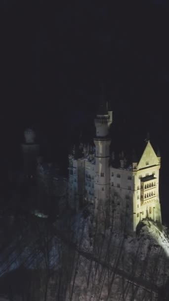 Замок Нойшванштайн Зимнюю Ночь Баварские Альпы Германия Вид Воздуха Дрон — стоковое видео