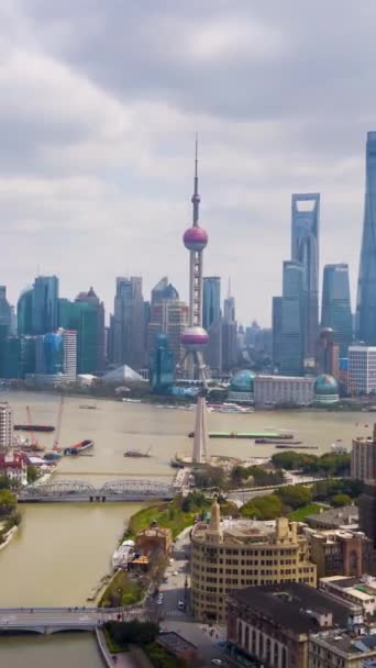 Shanghai City Stadsdelen Lujiazui Och Floden Huangpu Kina Aerial Hyper — Stockvideo