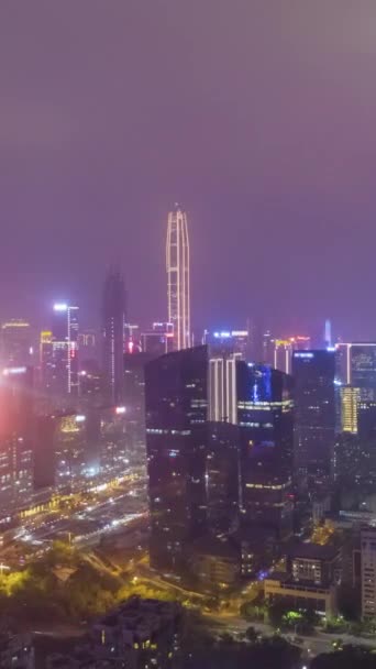 深圳市夜市 福田区 空中时光飞逝 超时光飞逝 无人机飞上西德威和向上 垂直录像 — 图库视频影像