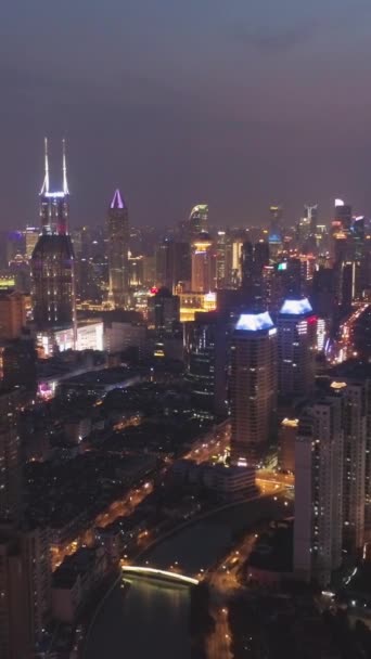 上海夜市 黄浦市的风景 空中景观 无人机向后飞去 垂直录像 — 图库视频影像