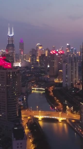 上海夜市 黄浦市的风景 空中景观 无人机飞上西德威和向上 垂直录像 — 图库视频影像