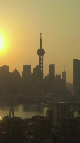 Shanghai City Vid Soluppgången Huangpu Och Lujiazui Stadsbild Kina Flygutsikt — Stockvideo