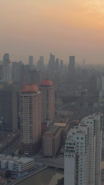 Шанхай Місто Заході Сонця Хуанпу Міський Пейзаж Китай Вид Повітря — стокове відео