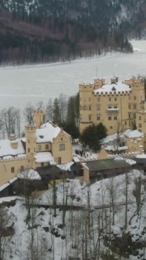 Hohenschwangau Kalesi ve Kış Günü Alpsee Gölü. Dağlar ve Orman. Bavyera Alpleri, Almanya. Hava görüntüsü. Geniş açı. İnsansız hava aracı yukarı ve geri uçuyor. Dikey Video