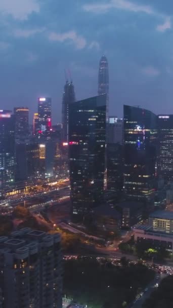 Shenzhen Stadsgezicht Nachts Het Futiaanse District China Luchtfoto Drone Shot — Stockvideo