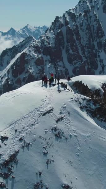 Αλπινιστές Στην Κορυφή Του Χιονισμένου Βουνού Ηλιόλουστη Μέρα Αεροφωτογραφία Κηφήνας — Αρχείο Βίντεο