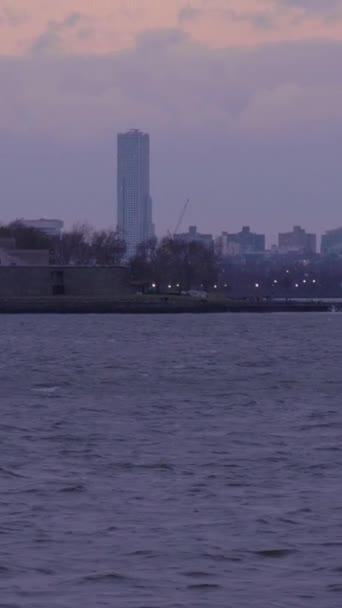 曇った夜の自由の女神像 ニューヨーク市 アメリカ合衆国 水からの眺め ステディカムショット バーティカルビデオ — ストック動画