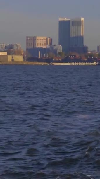 Frihetsgudinnan Och Stadsbilden Morgonen New York City Usa Utsikt Från — Stockvideo