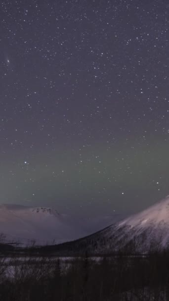 Snow Capped Mountain Stars Northern Lights Čas Vypršel Svislé Video — Stock video