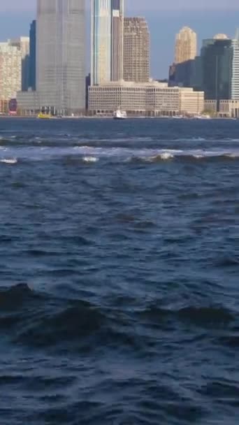 Jersey City Urban Skyline Ochtend New York City View Boat — Stockvideo