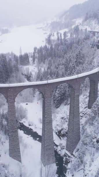 Viaducto Landwasser Con Ferrocarril Día Nieve Invierno Suiza Vista Aérea — Vídeos de Stock