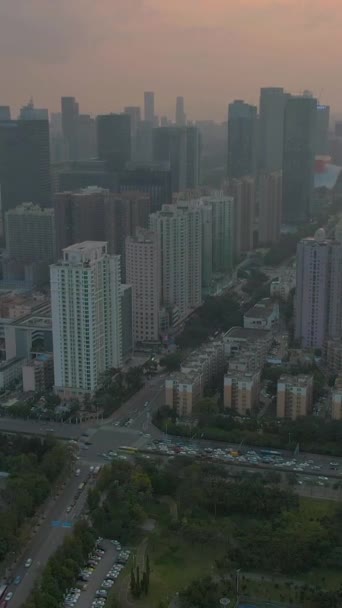 Shenzhen Urban Cityscape Bij Zonsondergang Wolkenkrabbers Van Futian District China — Stockvideo