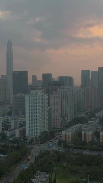 Shenzhen City Tramonto Skyline Del Distretto Futian Cina Vista Aerea — Video Stock