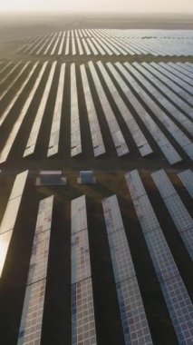 Gün batımında büyük mavi fotovoltaik güneş panelleri alanı. Güneş ışığı yansıması. Hava görüntüsü. İleri uçuyor. Çekim başlıyor. Dikey Video