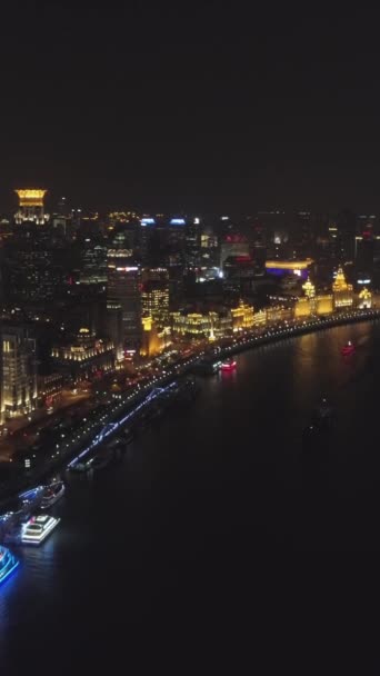 Bund Embankment Och Upplyst Shanghai Cityscape Natten Puxi District Och — Stockvideo