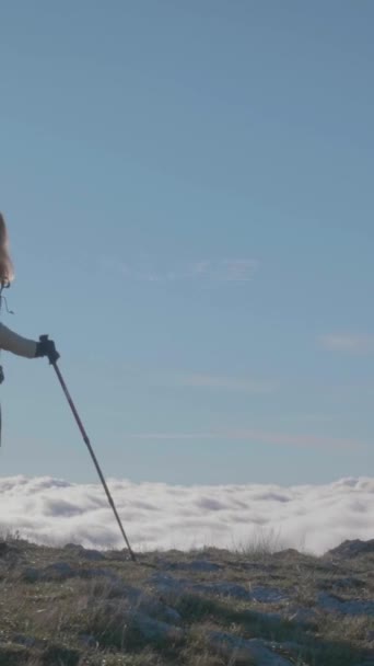 Giovane Donna Con Zaino Bastoncini Trekking Trekking Colpo Silhouette Video — Video Stock
