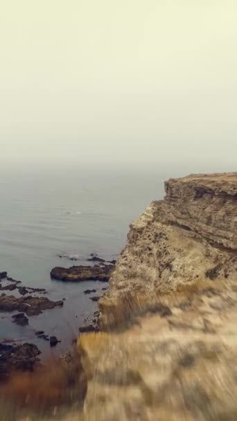 沿海岸线低角飞越悬崖断裂带 空中风景 垂直录像 — 图库视频影像