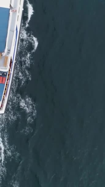 Small White Cruise Ship Sailing Sea Drone Pursuing Ship Vertical — Stock Video
