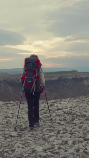 バックパックとハイキングポールを持つ若いハイカーの女性が岩の端に歩いています バーティカルビデオ — ストック動画