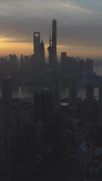 Шанхайський Міський Пейзаж Сонячному Сході Вид Повітря Китай Дрон Летить — стокове відео