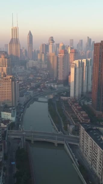 Shanghai Skyline Zonnige Ochtend Het Puxi District China Luchtfoto Drone — Stockvideo