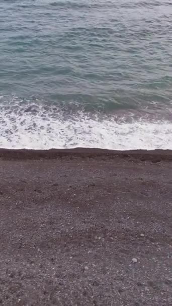 若い女性が波を飛ばして海岸を歩いています 空からの眺め バーティカルビデオ — ストック動画
