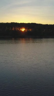 Gün batımında gölün üzerinden güneşe doğru alçak açı uçuyor. Güneş ağaçların arasından parlıyor. Dikey Video