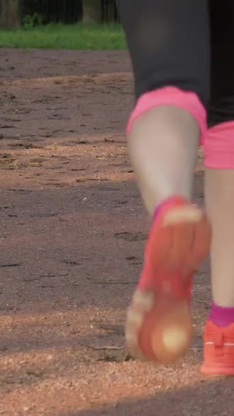 Mulher Caucasiana Jovem Está Correndo Parque Verde Manhã Ensolarada Pernas — Vídeo de Stock