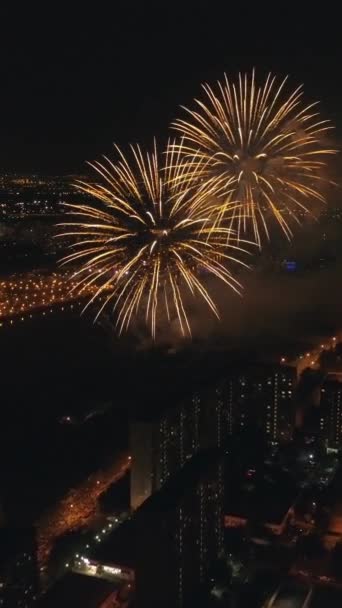 Fireworks City Drone Flying Aerial View Vertical Video — Stock Video