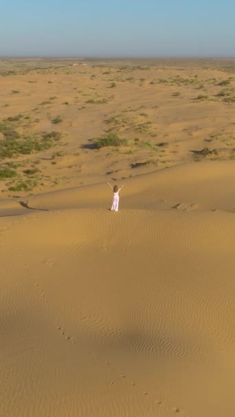 Młoda Samotna Kobieta Długimi Włosami Białej Sukience Zostaje Podniesionymi Rękami — Wideo stockowe