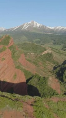 Kızıl Kayalar, Kozalaklı Orman ve Arka plan Dağları. Hava görüntüsü. Drone hızlı bir şekilde ileri uçuyor. Dikey Video