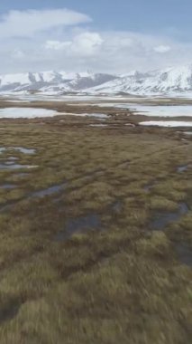 İlkbaharda Küçük Göllerin Üzerinde Buz Kütleleriyle Hızlı Uçmak. Arka plandaki Karlı Dağlar. Havadan Düşük Açı Görünümü. Arabel Platosu. Kırgızistan. Dikey Video