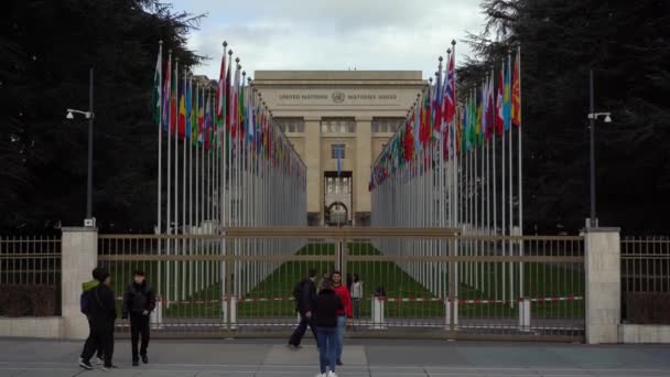 Женева Швейцария Февраля 2024 Года Офис Флаги Организации Объединенных Наций — стоковое видео