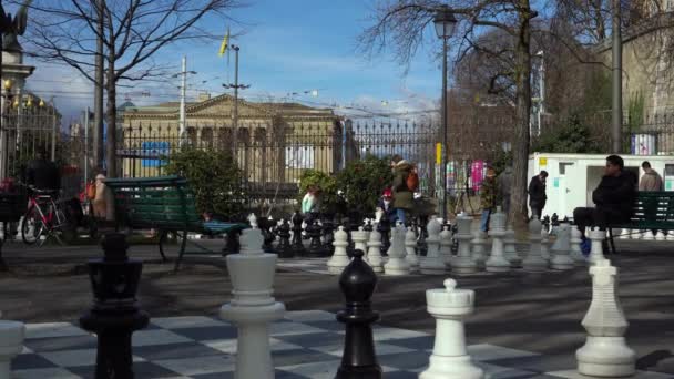 Geneva Switzerland February 2024 Giant Chess Boards Geneva Park People — Stock Video