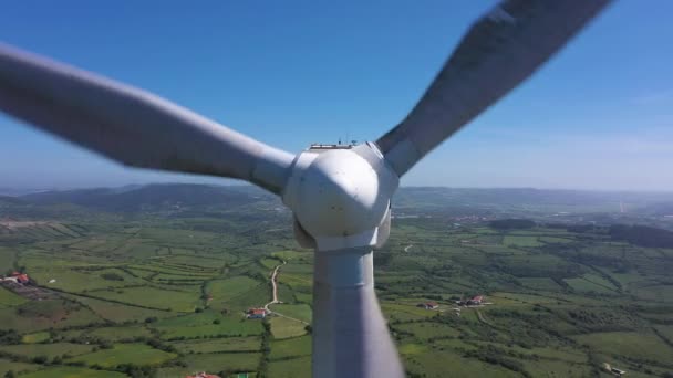 Wind Turbine Blades Green Rural Area Sunny Day Portugal Aerial — Stock Video