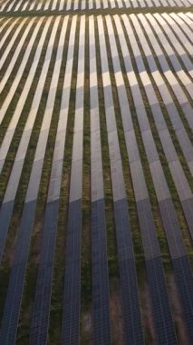 Portekiz 'in Sunset kentindeki Büyük Fotovoltaik Güneş Panelleri İstasyonu. Güneş ışığı yansıması. Hava görüntüsü. İnsansız hava aracı yan yana hareket ediyor. Dikey Video