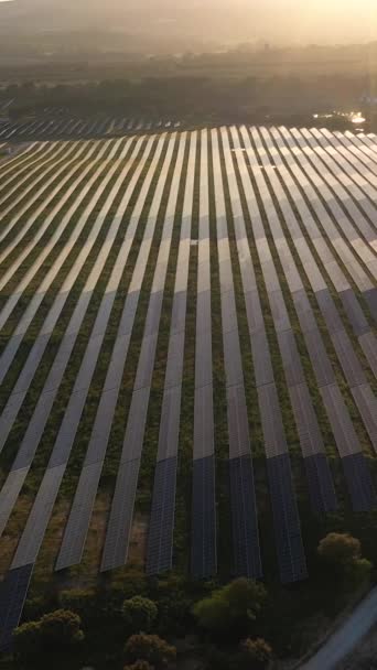 Groot Veld Van Fotovoltaïsche Zonnepanelen Bij Zonsondergang Portugal Zonnereflectie Luchtfoto — Stockvideo