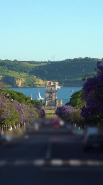 Belem Kulesi, Jacaranda Çiçek açan Mor Mavi Ağaçlar ve Sunny Evening 'de yelkenliler. Altın Saat. Lizbon, Portekiz. Dikey Video