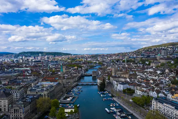 stock image Zurich City Old Town Skyline and Limmat River on Sunny Day. Blue Sky with Fluffy Clouds. Switzerland. Aerial View.