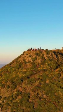 Sunset 'teki Pico Ruivo' da turistler. Altın Saat. Hava görüntüsü. Madeira, Portekiz. Yukarı doğru, aşağı doğru. Dikey Video